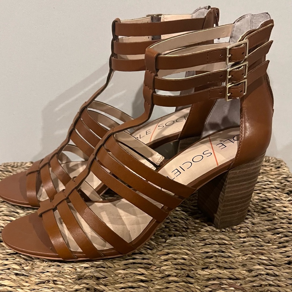 Sole Society Brown Multi-Strap Block Heel Sandals